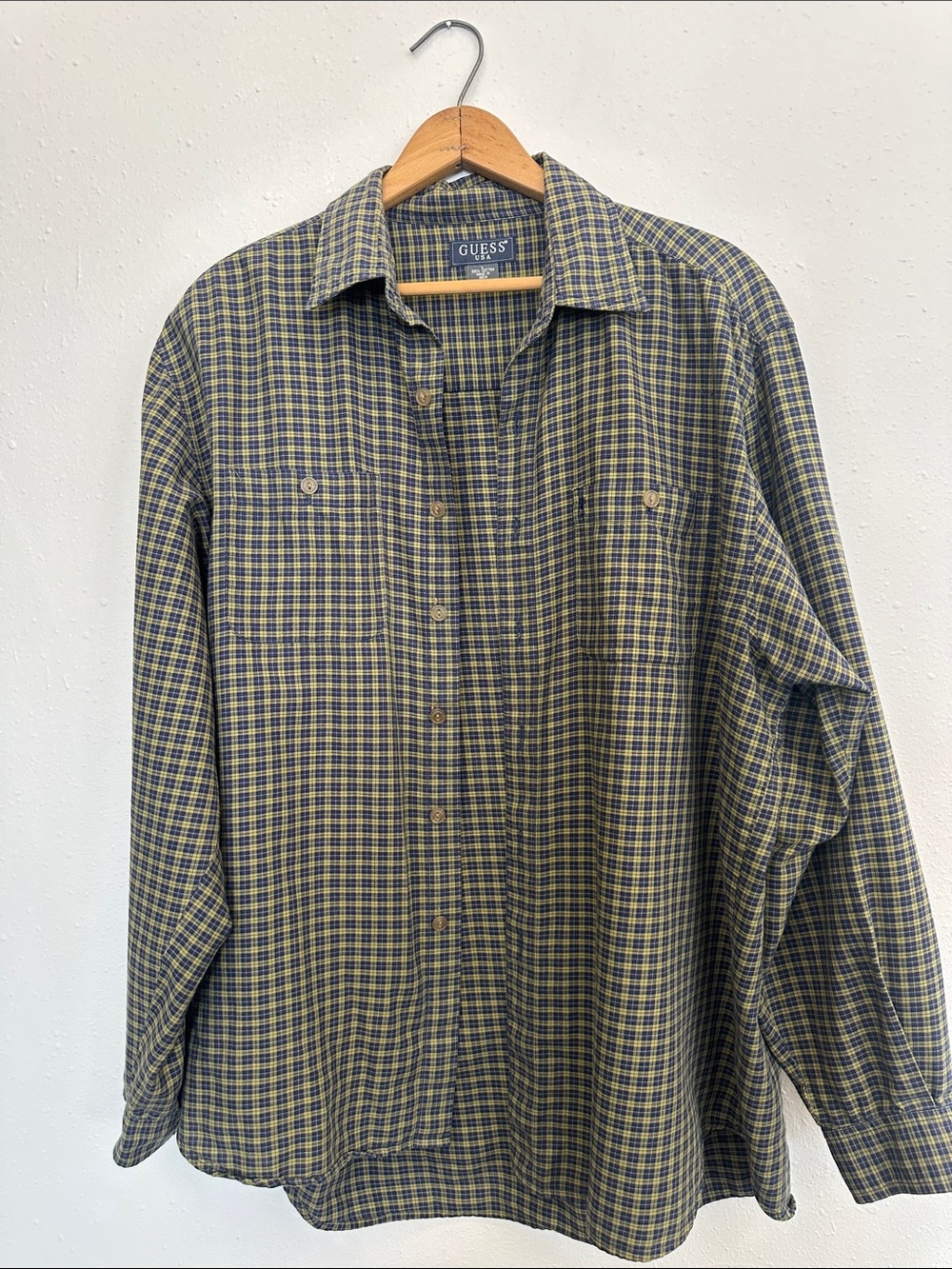 GUESS Men's Blue and Yellow Plaid Button-Up Shirt 100% cotton vintage